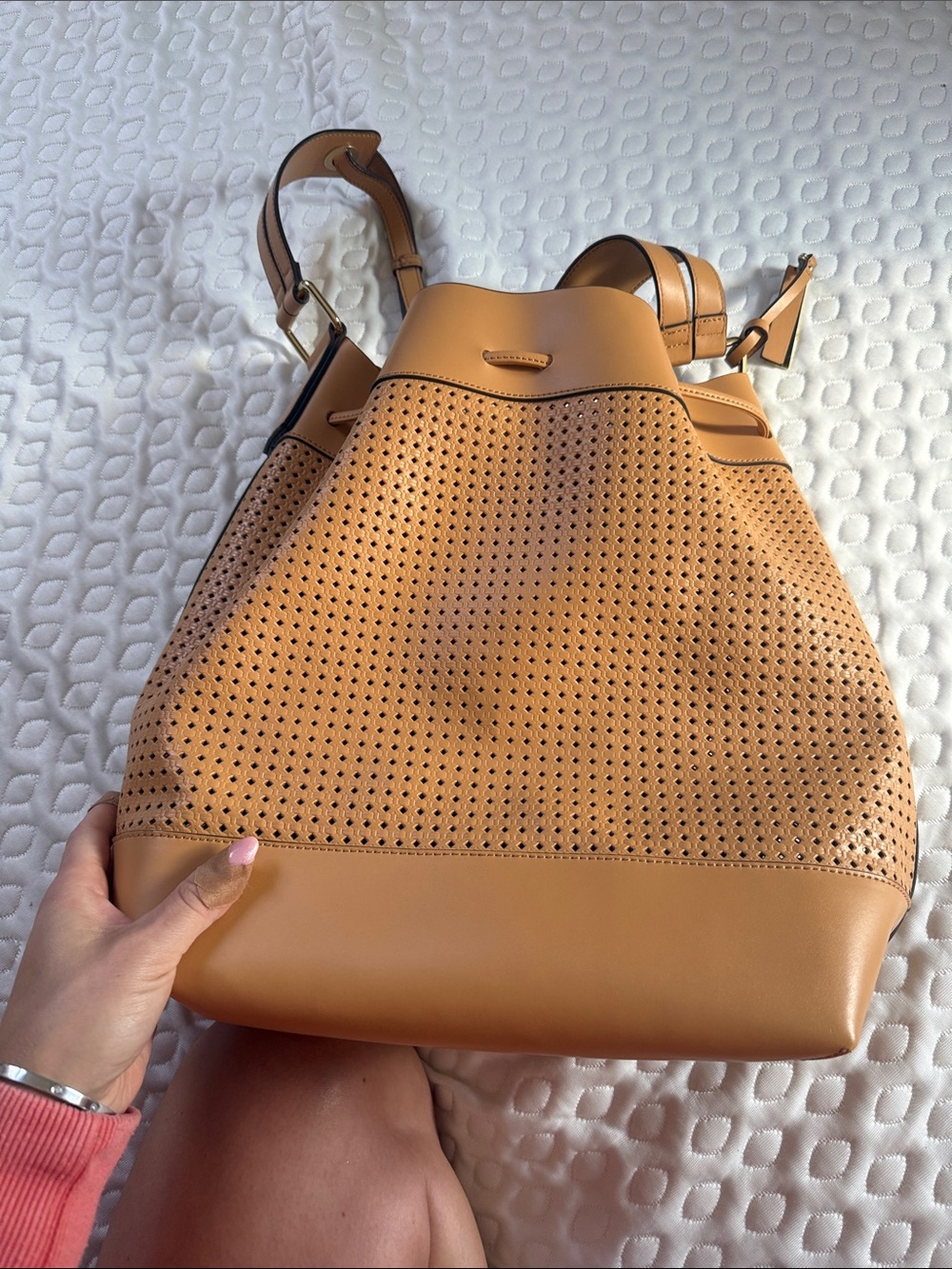 Vince Camuto Perforated Drawstring Shoulder Bag - Mustard Tan - Picture 4 of 8